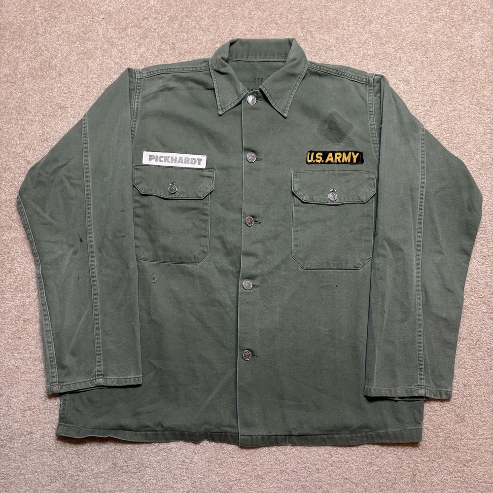 Vtg 50s US Army OG 107 Shirt SZ Medium 13 Star Buttons Type 1 Sateen Korean War